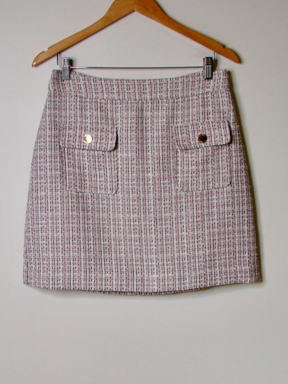 Nine West Tweed Skirt Pink White Black Gold Buttons Work Office Size Medium